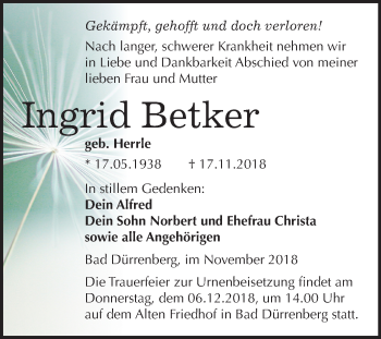 Traueranzeige von Ingrid Betker von Mitteldeutsche Zeitung Merseburg/Querfurt
