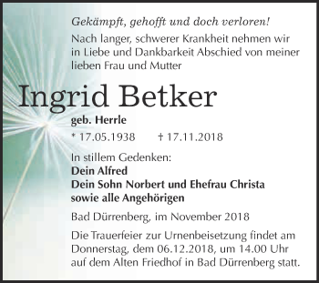 Traueranzeige von Ingrid Betker von Super Sonntag Merseburg