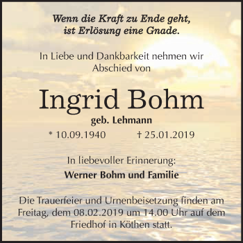 Traueranzeige von Ingrid Bohm von WVG - Wochenspiegel Dessau / Köthen