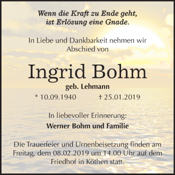 Traueranzeige von Ingrid Bohm von Mitteldeutsche Zeitung Köthen