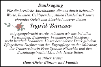 Traueranzeige von Ingrid Bünzow von Mitteldeutsche Zeitung Dessau-Roßlau