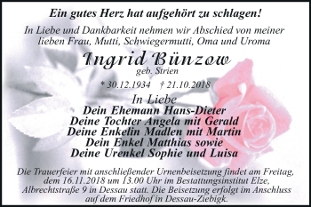Traueranzeige von Ingrid Bünzow von Mitteldeutsche Zeitung Dessau-Roßlau