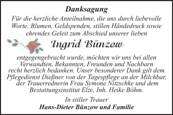 Traueranzeige von Ingrid Bünzow von WVG - Wochenspiegel Dessau / Köthen