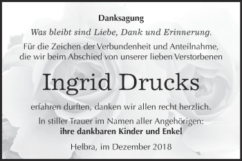 Traueranzeige von Ingrid Drucks von Super Sonntag SGH Mansf. Land