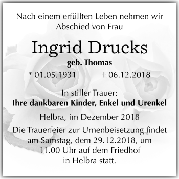 Traueranzeige von Ingrid Drucks von Mitteldeutsche Zeitung Aschersleben