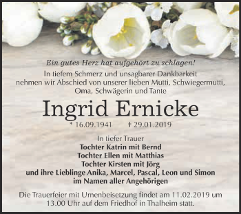 Traueranzeige von Ingrid Ernicke von WVG - Wochenspiegel Bitterfeld