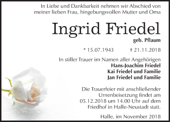 Traueranzeige von Ingrid Friedel von Mitteldeutsche Zeitung Halle/Saalkreis