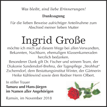 Traueranzeige von Ingrid Große von WVG - Wochenspiegel Bitterfeld