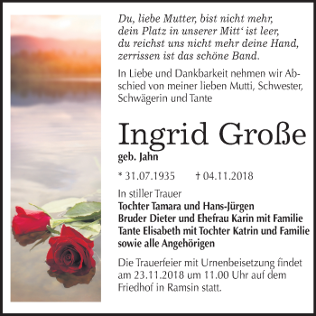 Traueranzeige von Ingrid Große von Mitteldeutsche Zeitung Bitterfeld