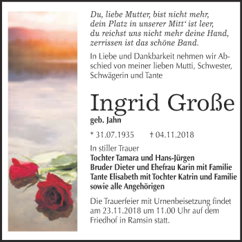 Traueranzeige von Ingrid Große von WVG - Wochenspiegel Bitterfeld