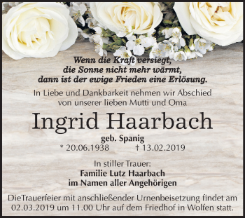 Traueranzeige von Ingrid Haarbach von Mitteldeutsche Zeitung Bitterfeld