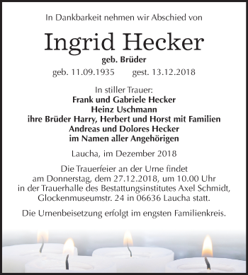 Traueranzeige von Ingrid Hecker von Mitteldeutsche Zeitung Naumburg/Nebra
