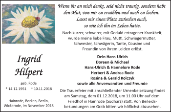 Traueranzeige von Ingrid Hilpert von Super Sonntag SGH Mansf. Land