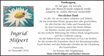 Traueranzeige von Ingrid Hilpert von Mitteldeutsche Zeitung Sangerhausen