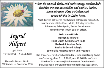 Traueranzeige von Ingrid Hilpert von Mitteldeutsche Zeitung Sangerhausen