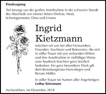 Traueranzeige von Ingrid Kietzmann von Mitteldeutsche Zeitung Aschersleben