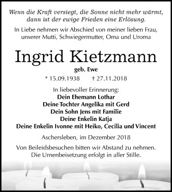 Traueranzeige von Ingrid Kietzmann von Mitteldeutsche Zeitung Aschersleben
