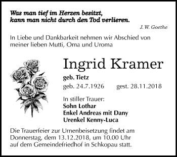 Traueranzeige von Ingrid Kramer von Mitteldeutsche Zeitung Merseburg/Querfurt