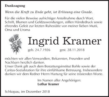 Traueranzeige von Ingrid Kramer von WVG - Wochenspiegel Merseburg