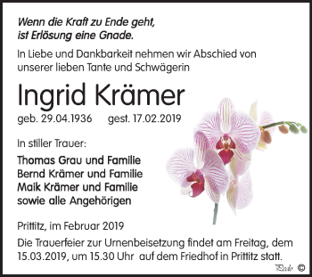 Traueranzeige von Ingrid Krämer von Mitteldeutsche Zeitung Weißenfels