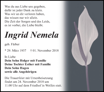 Traueranzeige von Ingrid Nemela von Mitteldeutsche Zeitung Bitterfeld