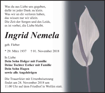Traueranzeige von Ingrid Nemela von WVG - Wochenspiegel Bitterfeld