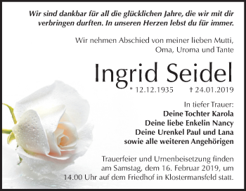 Traueranzeige von Ingrid Seidel von Mitteldeutsche Zeitung Mansfelder Land