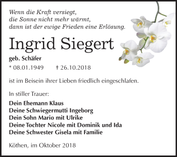 Traueranzeige von Ingrid Siegert von Mitteldeutsche Zeitung Köthen