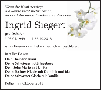 Traueranzeige von Ingrid Siegert von WVG - Wochenspiegel Dessau / Köthen