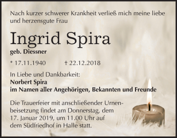 Traueranzeige von Ingrid Spira von Mitteldeutsche Zeitung Halle/Saalkreis