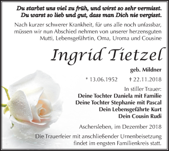 Traueranzeige von Ingrid Tietze von Mitteldeutsche Zeitung Aschersleben