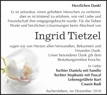 Traueranzeige von Ingrid Tietzel von Super Sonntag Aschersleben