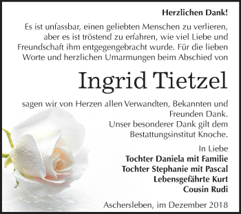Traueranzeige von Ingrid Tietzel von Mitteldeutsche Zeitung Aschersleben