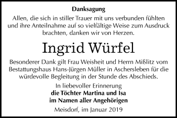 Traueranzeige von Ingrid Würfel von Mitteldeutsche Zeitung Quedlinburg
