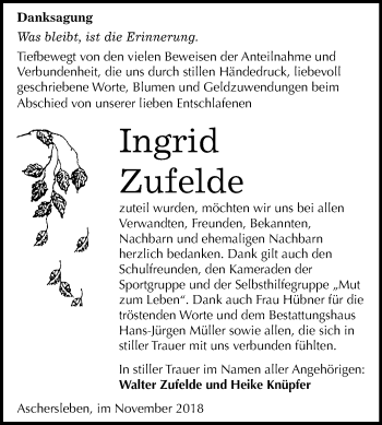 Traueranzeige von Ingrid Zufelde von Mitteldeutsche Zeitung Aschersleben