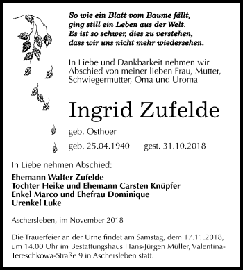 Traueranzeige von Ingrid Zufelde von Mitteldeutsche Zeitung Aschersleben