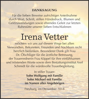 Traueranzeige von Irena Vetter von WVG - Wochenspiegel NMB / WSF / ZTZ