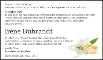 Traueranzeige von Irene Buhrandt von Mitteldeutsche Zeitung Quedlinburg