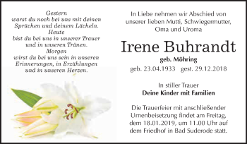 Traueranzeige von Irene Buhrandt von WVG - Wochenspiegel Quedlinburg