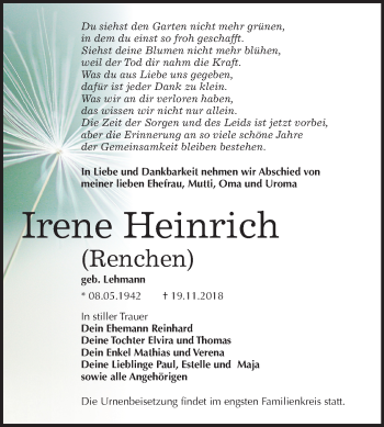 Traueranzeige von Irene Heinrich von Mitteldeutsche Zeitung Bitterfeld