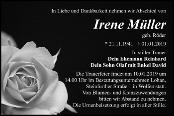 Traueranzeige von Irene Müller von Mitteldeutsche Zeitung Bitterfeld