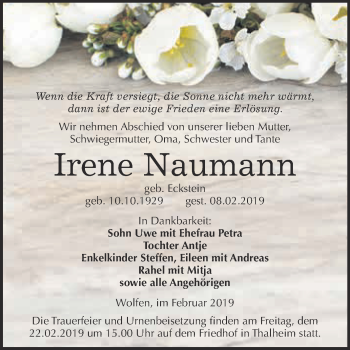 Traueranzeige von Irene Naumann von WVG - Wochenspiegel Bitterfeld
