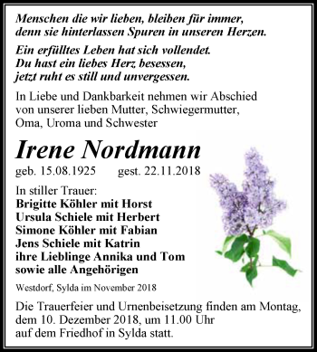Traueranzeige von Irene Nordmann von Super Sonntag Aschersleben