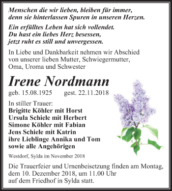 Traueranzeige von Irene Nordmann von Mitteldeutsche Zeitung Aschersleben