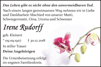 Traueranzeige von Irene Rudorff von Mitteldeutsche Zeitung Bitterfeld