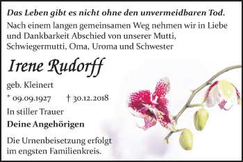 Traueranzeige von Irene Rudorff von WVG - Wochenspiegel Bitterfeld