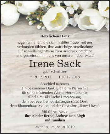 Traueranzeige von Irene Sack von Super Sonntag Merseburg