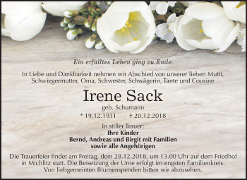 Traueranzeige von Irene Sack von Mitteldeutsche Zeitung Weißenfels