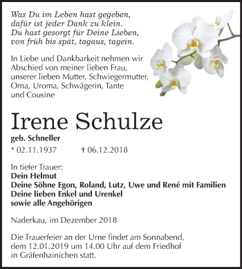 Traueranzeige von Irene Schulze von Mitteldeutsche Zeitung Wittenberg
