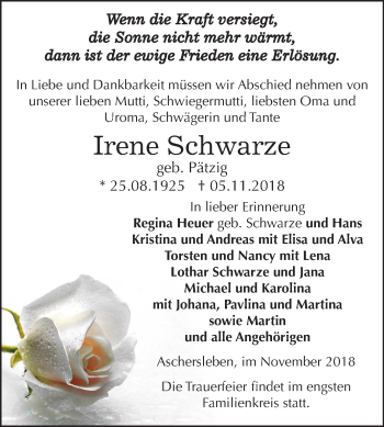 Traueranzeige von Irene Schwarze von Mitteldeutsche Zeitung Aschersleben